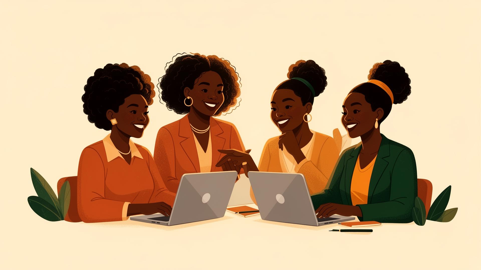 African women collaborating around laptops